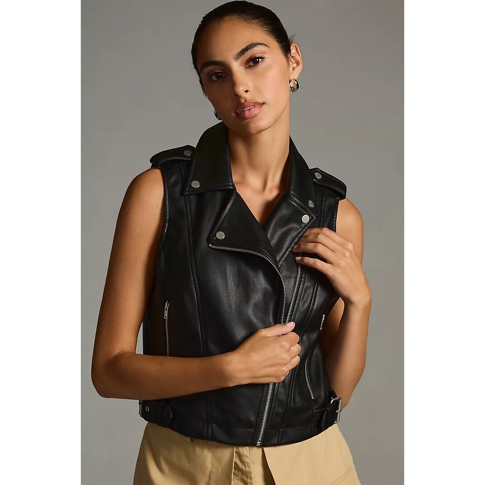 By Anthropologie Faux Leather Moto Vest Black Asymmetric Zip Biker Waistcoat S